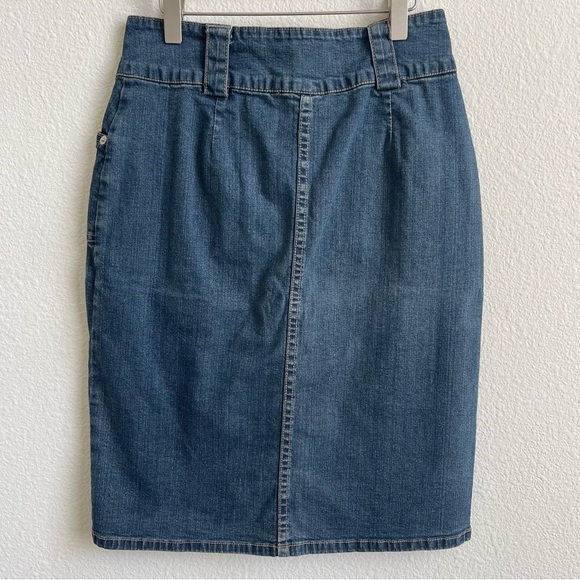 ELLEMENNO Vintage Y2K Mid Wash Denim Jean Utility Front Slit Midi Pencil Skirt - Picture 6 of 8